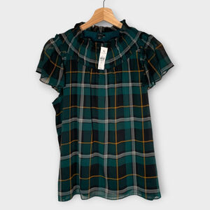 ANN TAYLOR Green Tartan Top MEDIUM Flutter Sleeve Preppy Dark Academia NEW